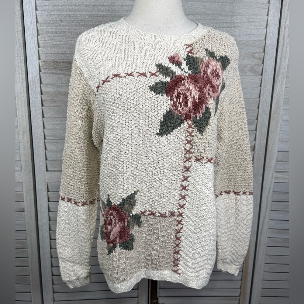 JONES NEW YORK Vintage Hand Knit Cotton/Linen Sweater Neutral/Floral-Small